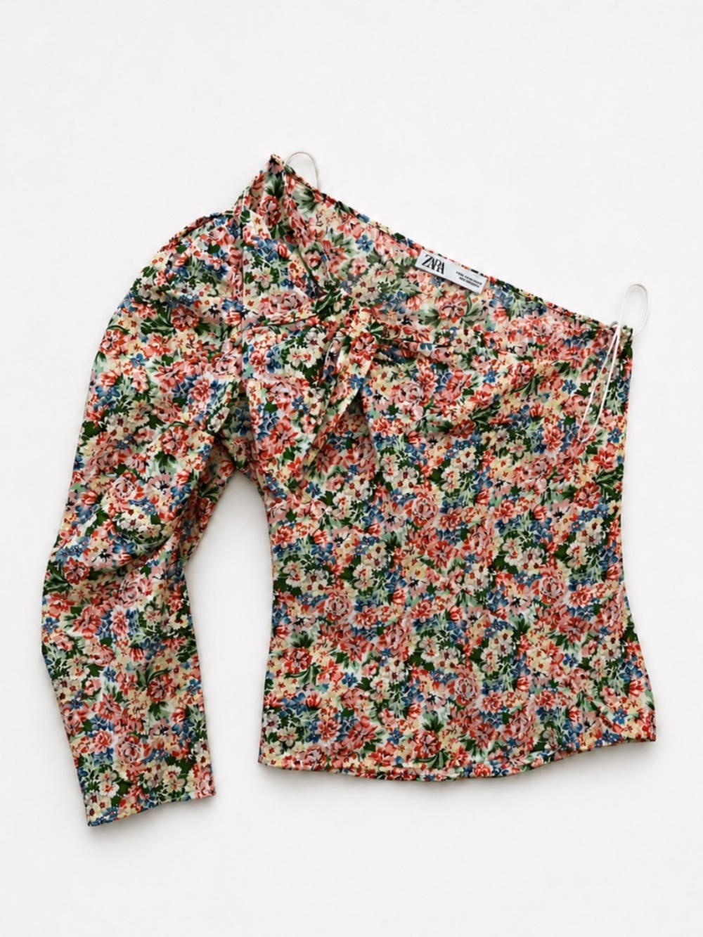 Zara Floral One Shoulder Puff Sleeve Blouse Women's XS Multicolor